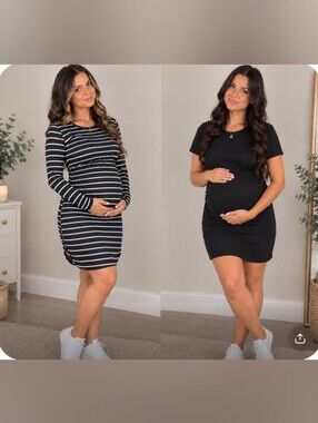 Laughido Maternaty Women's Black Striped Long Sleeve Dress - Classic Comfort M